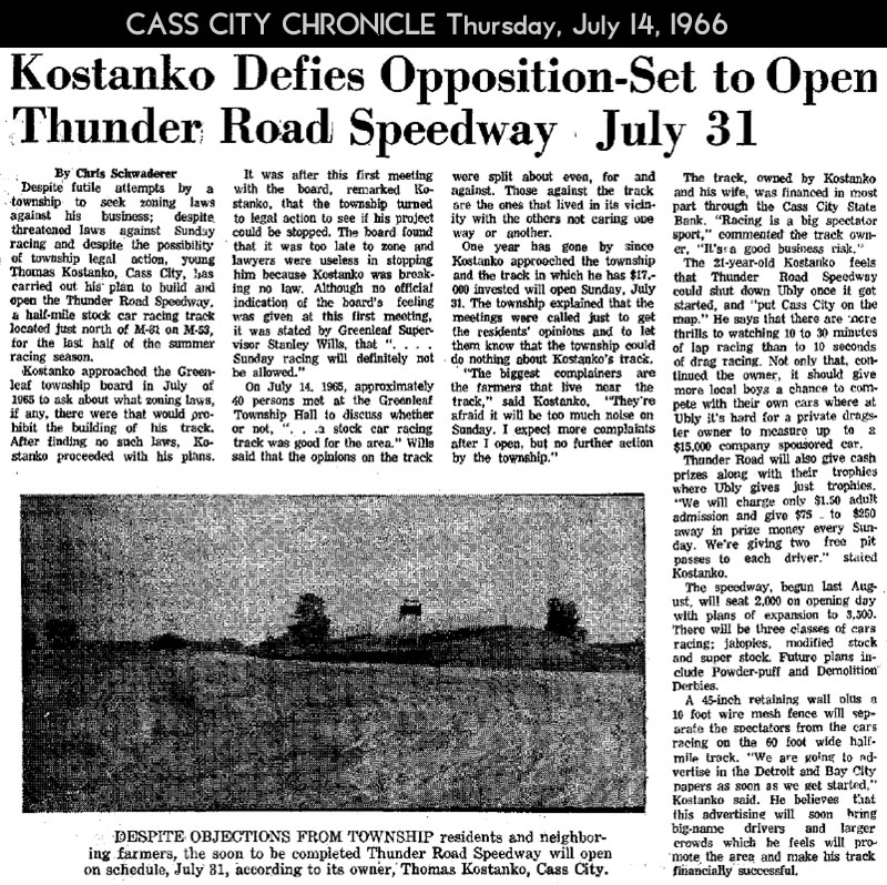 Thunder Road Speedway - 1966 ARTICLE FROM BRENT KOSTANKO